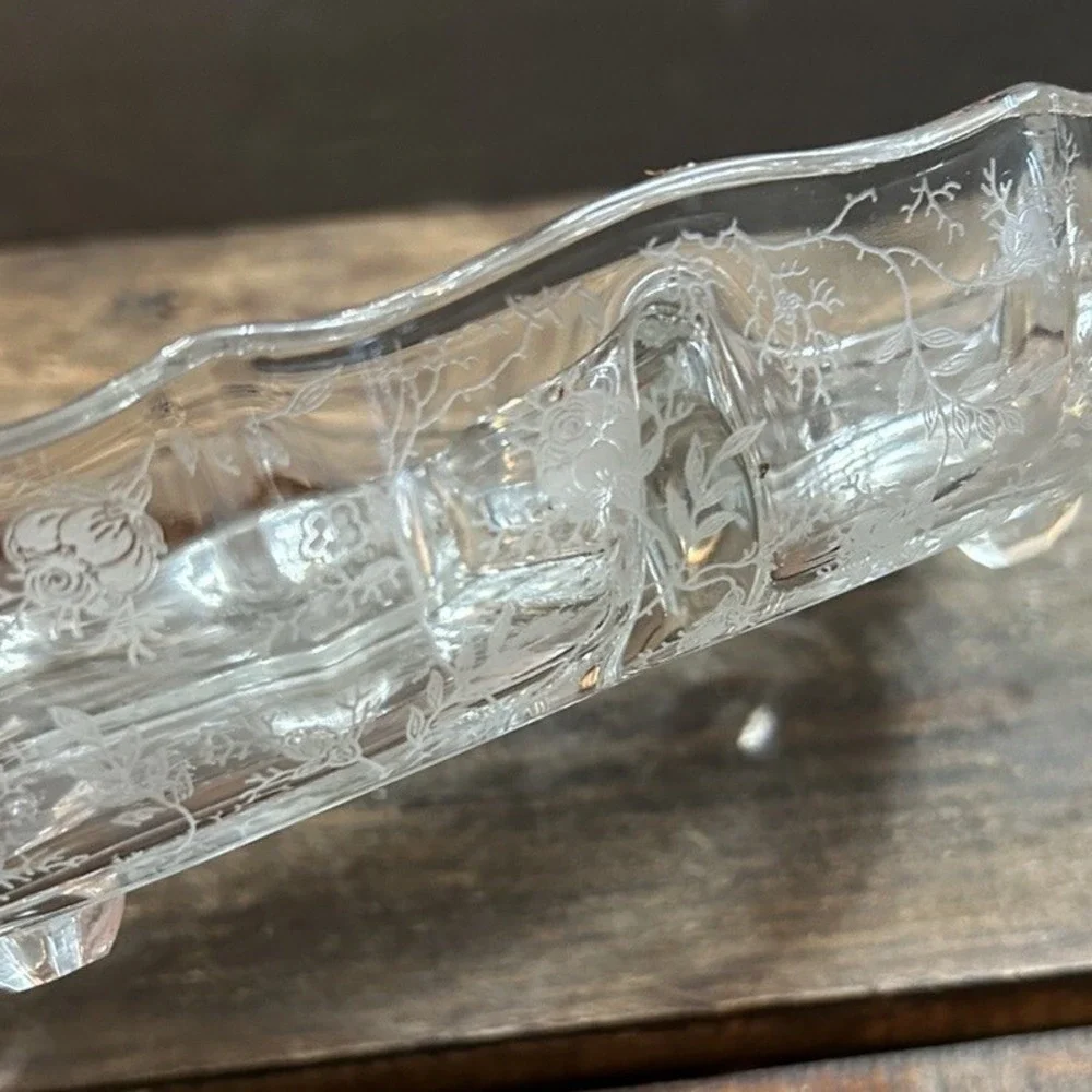 Fostoria Chintz Baroque Etched Floral Clear Glass Dish 3 Section Divided Tray